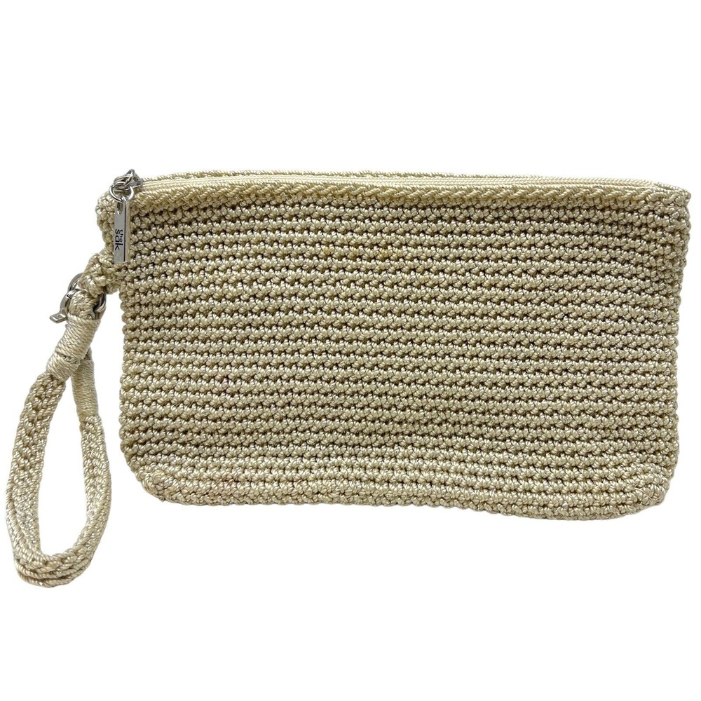 The Sak Crochet Wristlet Womens OS Champagne Gold Excellent Metallic‎ Iris Pouch